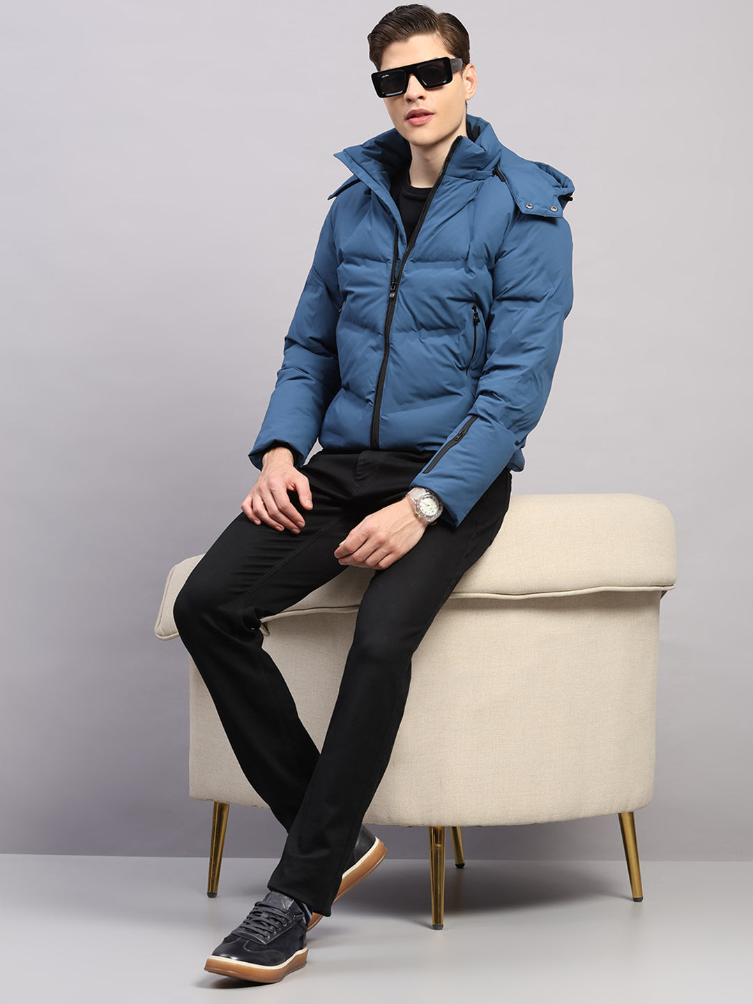 Luxuria Men Blue Solid Hooded Full Sleeve Jacket