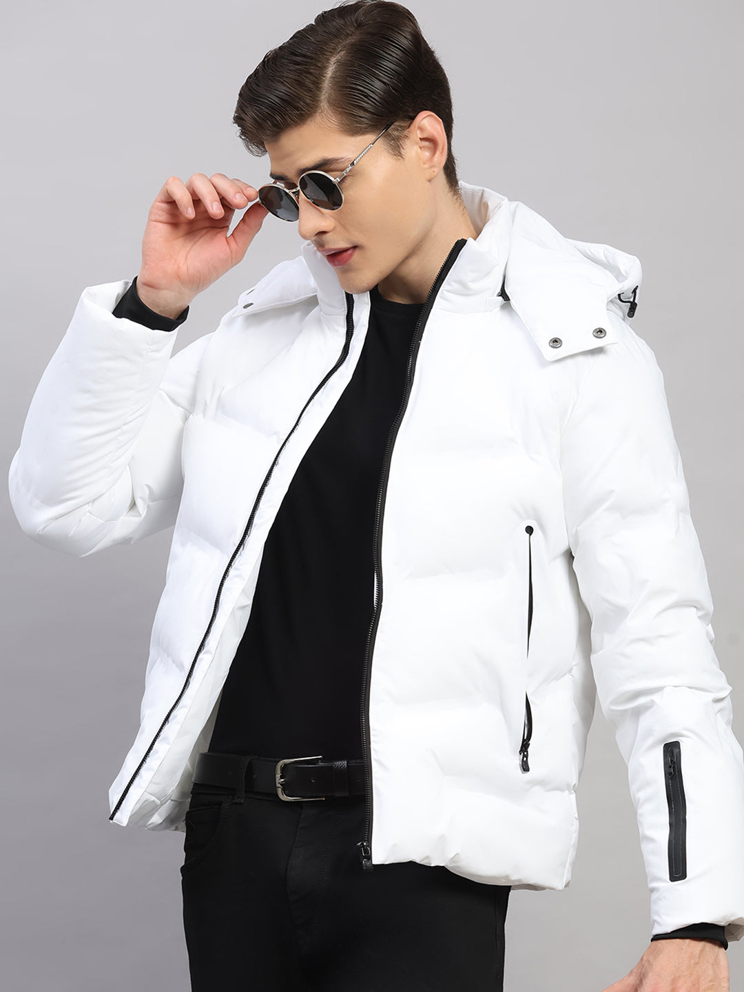 Luxuria Men White Solid Hooded Full Sleeve Jacket