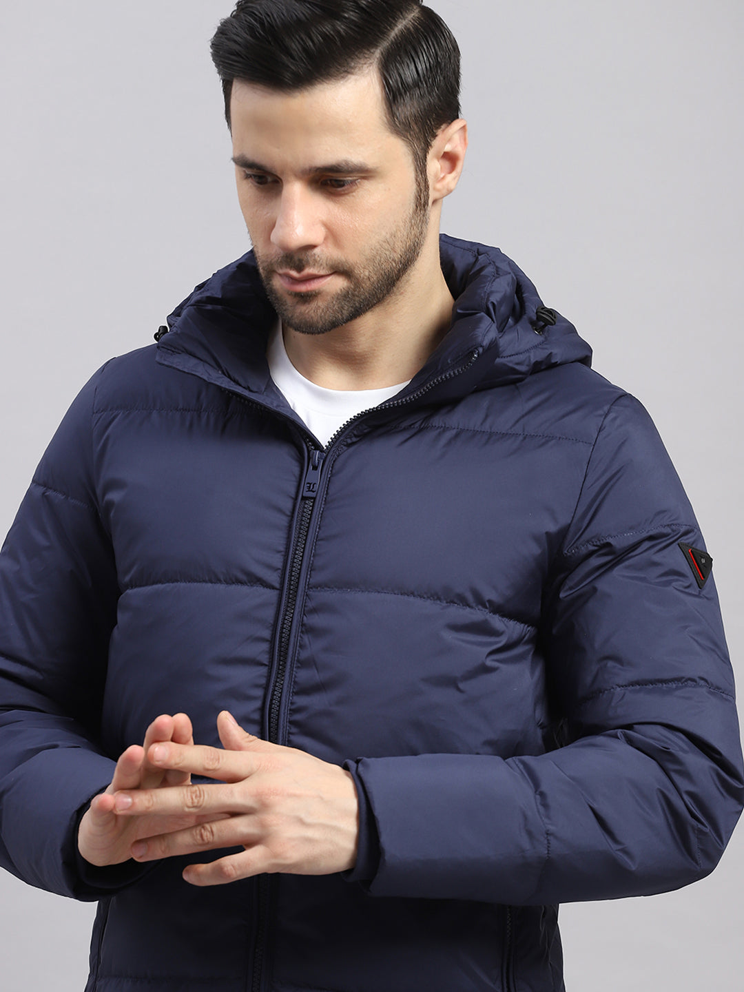 Luxuria Men Navy Blue Compressible Duck Down Hooded Jacket