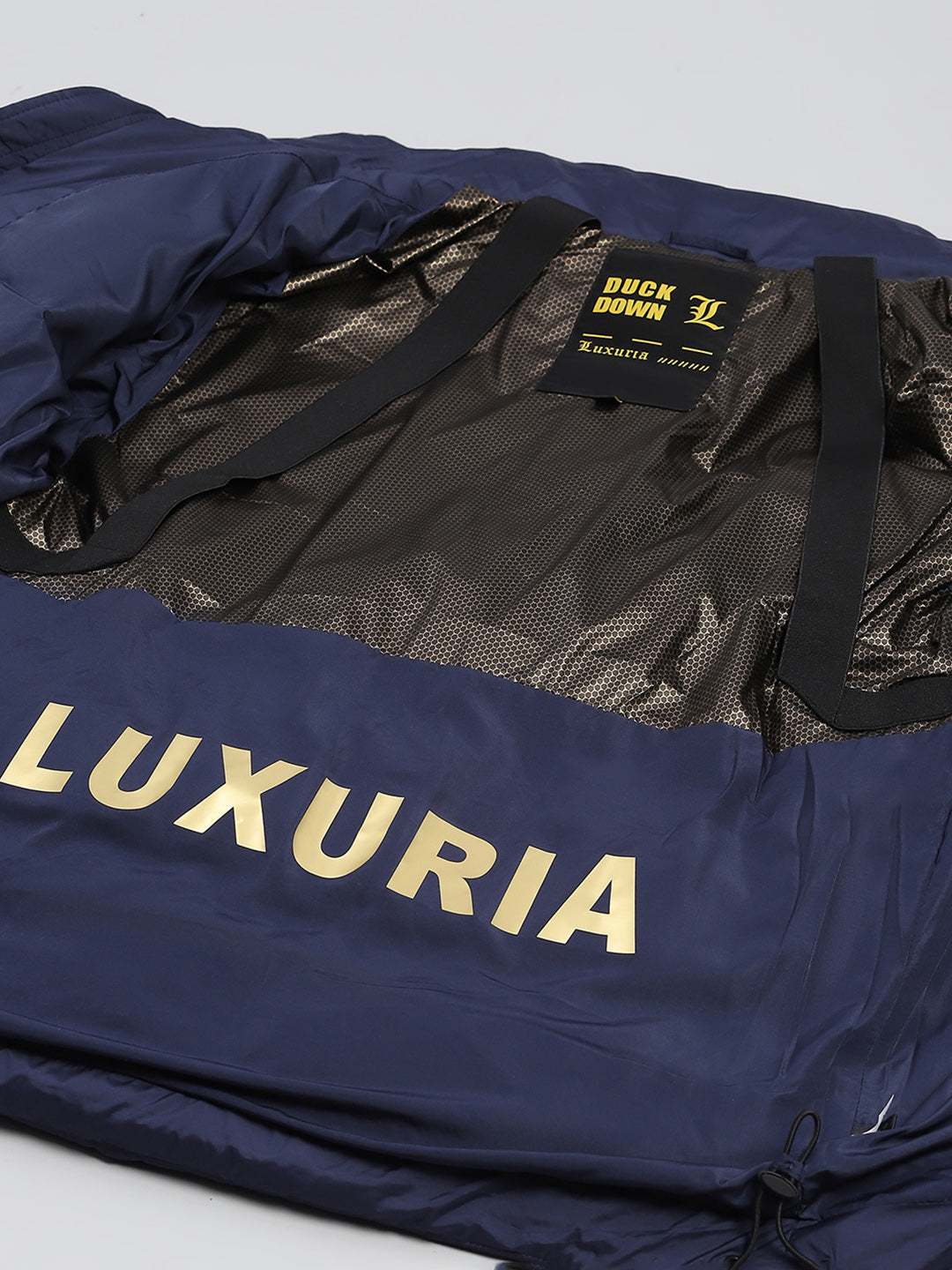 Luxuria Men Navy Blue Compressible Duck Down Hooded Jacket