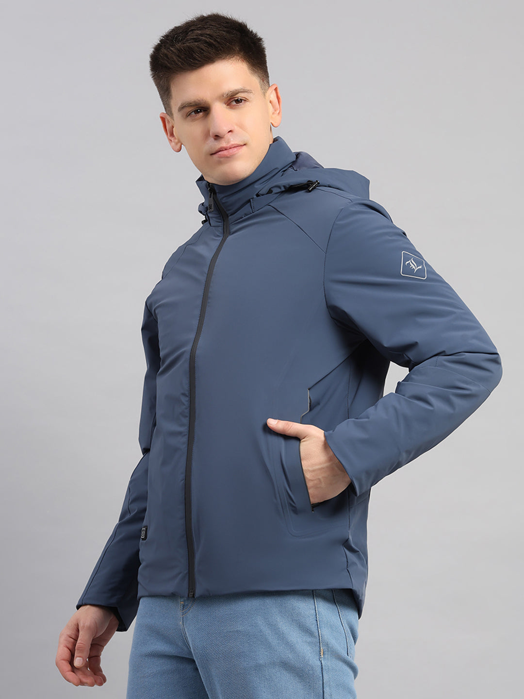 Luxuria Men Blue Solid Hooded Full Sleeve Jacket