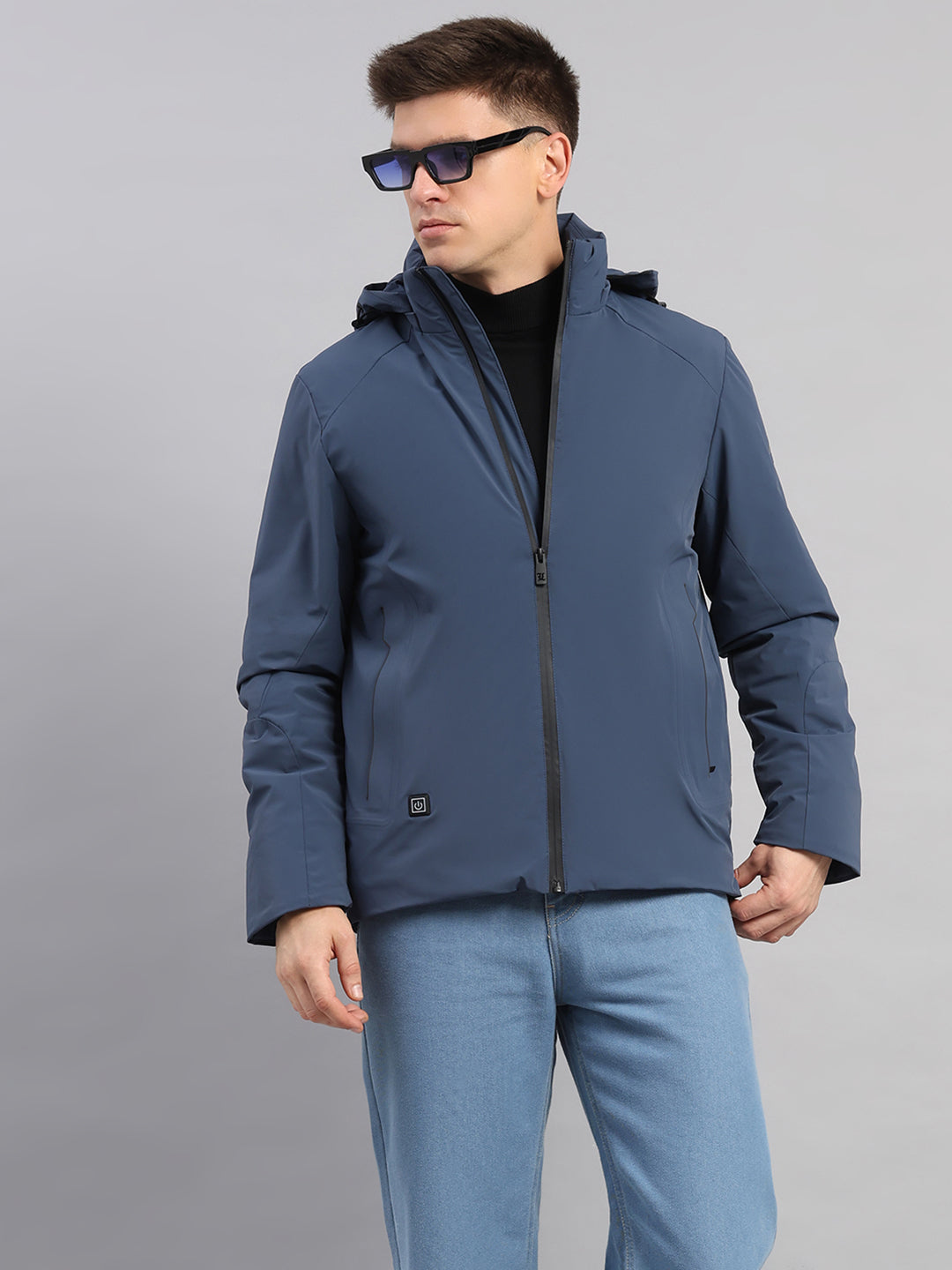 Luxuria Men Blue Solid Hooded Full Sleeve Jacket