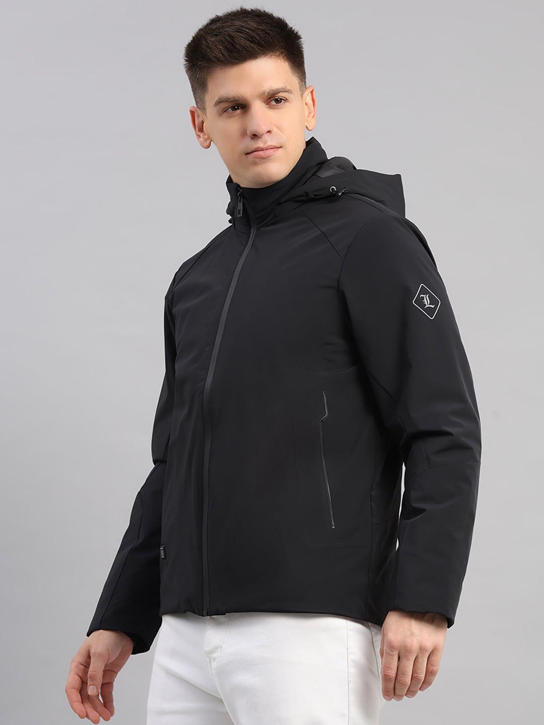 Luxuria Men Black Solid Hooded Full Sleeve Jacket