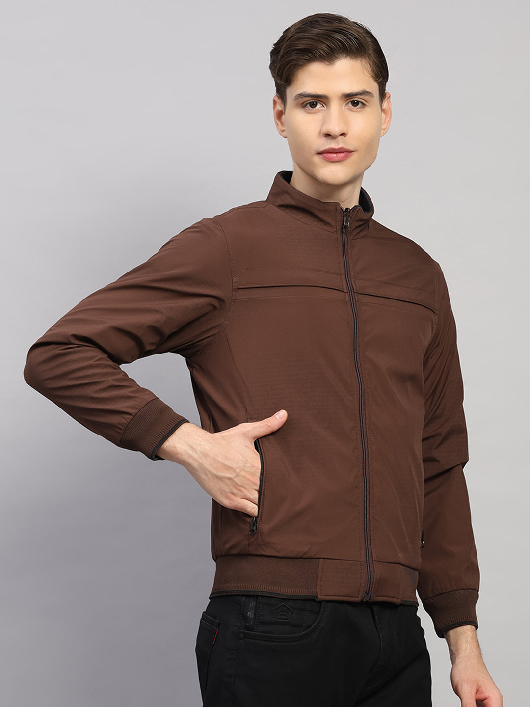 Luxuria Men Brown Solid Collar Full Sleeve Reversible Jacket