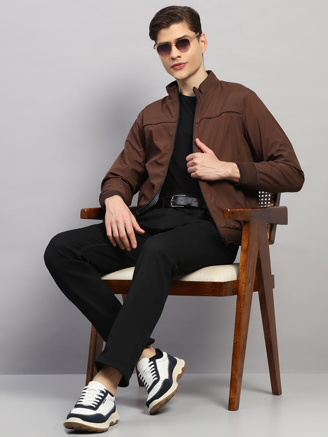 Luxuria Men Brown Solid Collar Full Sleeve Reversible Jacket