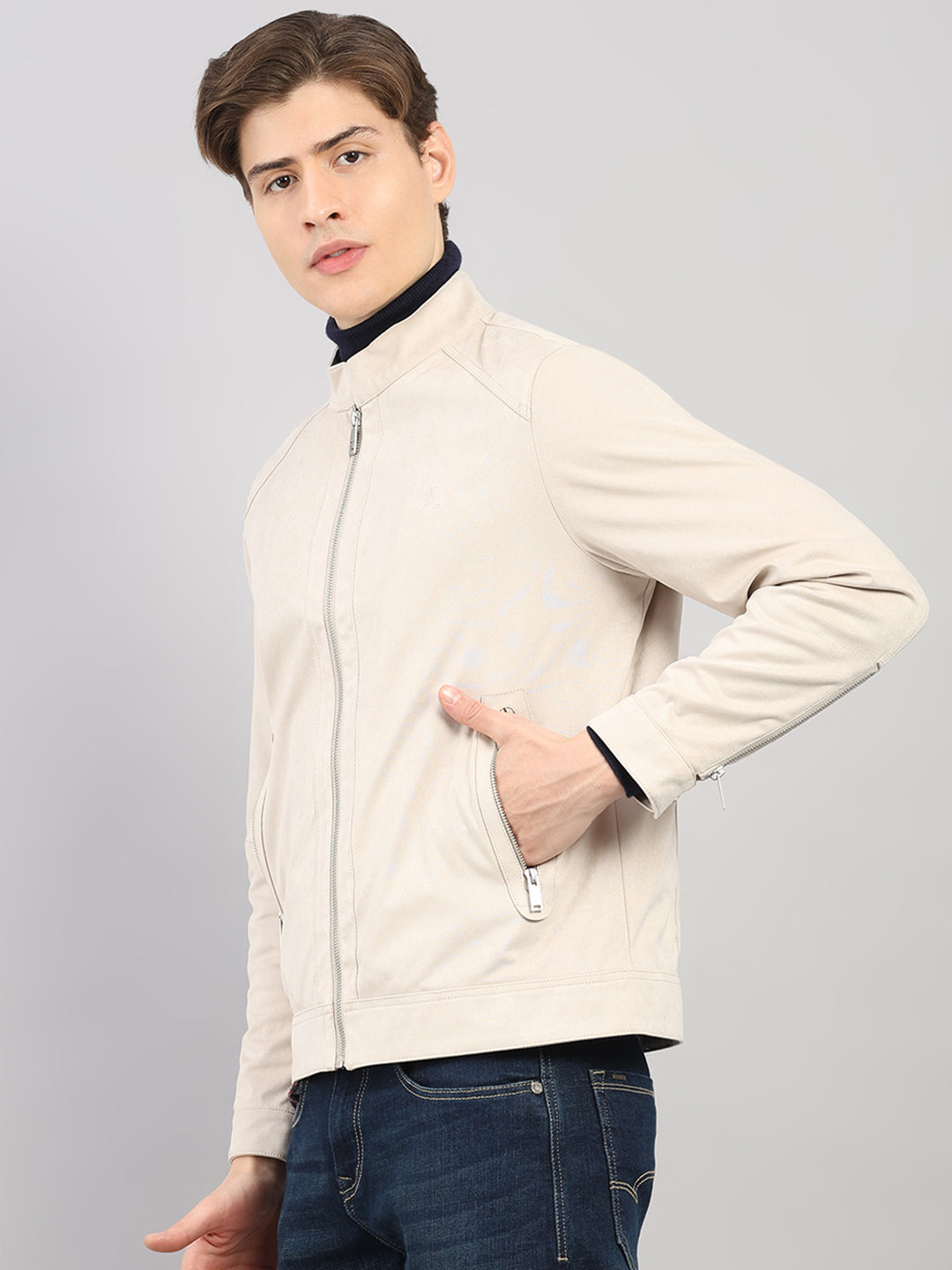 Luxuria Men Cream Solid Stand Collar Full Sleeve Jacket