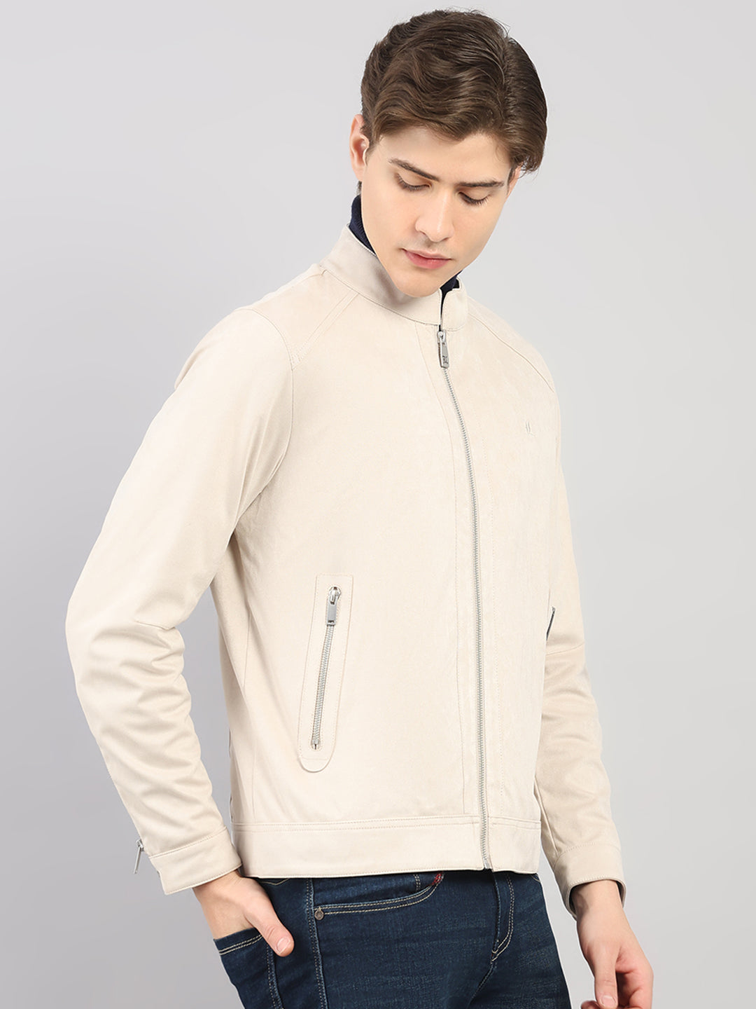 Luxuria Men Cream Solid Stand Collar Full Sleeve Jacket