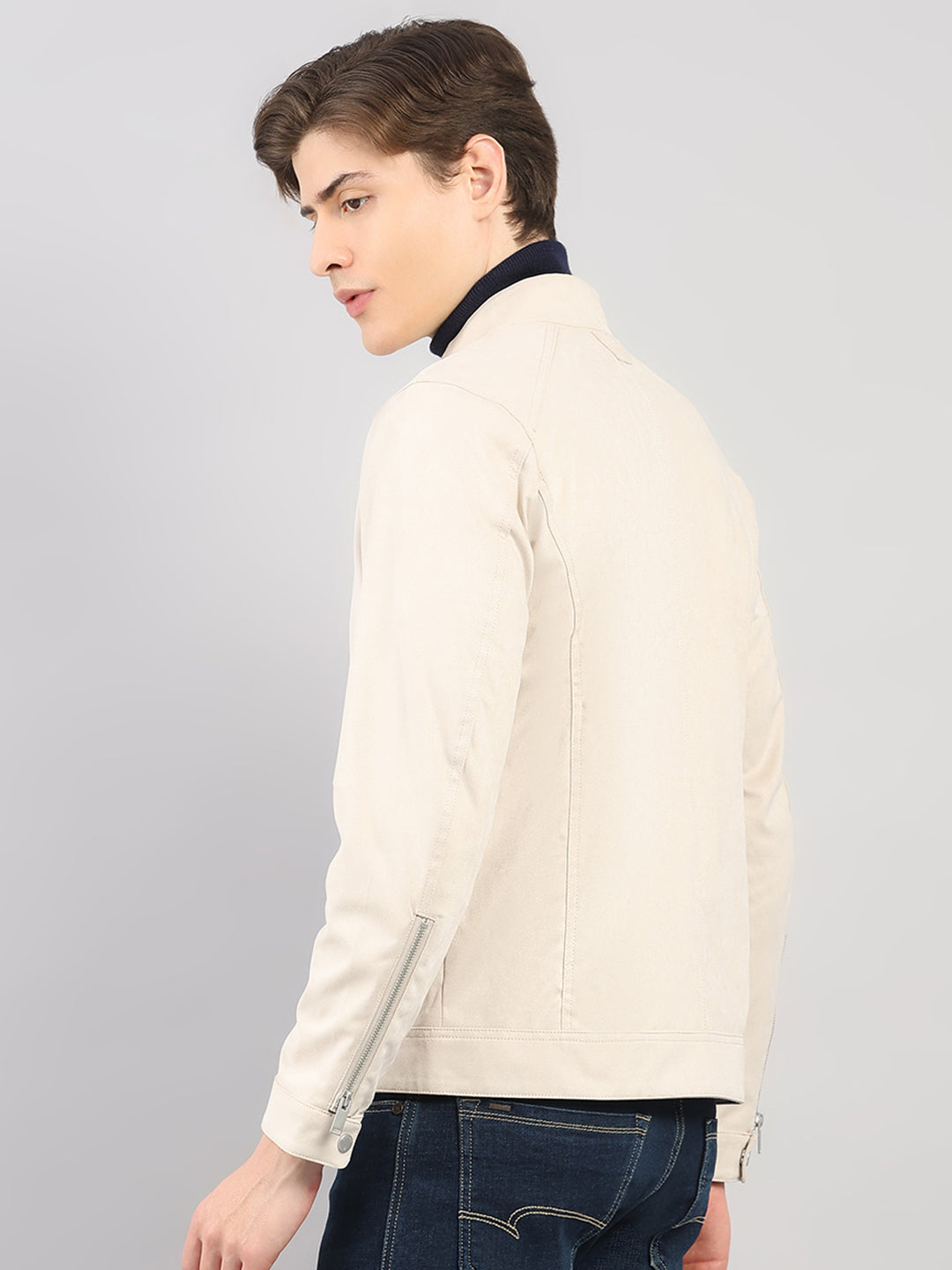Luxuria Men Cream Solid Stand Collar Full Sleeve Jacket