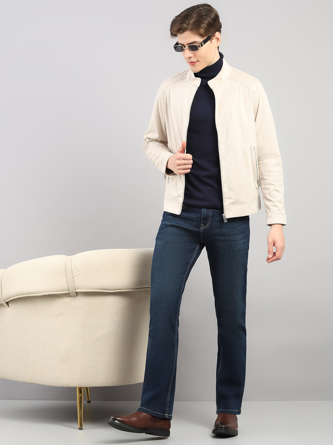 Luxuria Men Cream Solid Stand Collar Full Sleeve Jacket