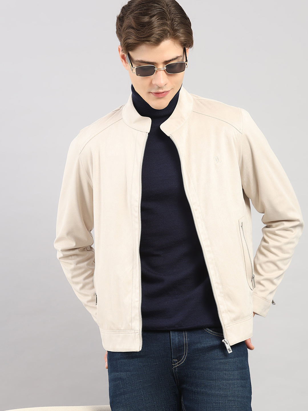 Luxuria Men Cream Solid Stand Collar Full Sleeve Jacket