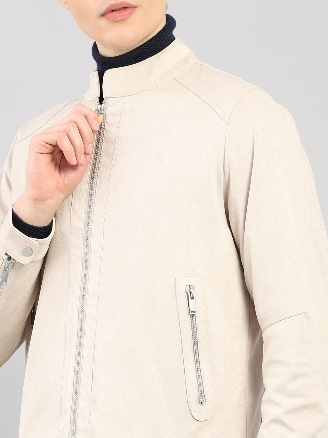 Luxuria Men Cream Solid Stand Collar Full Sleeve Jacket