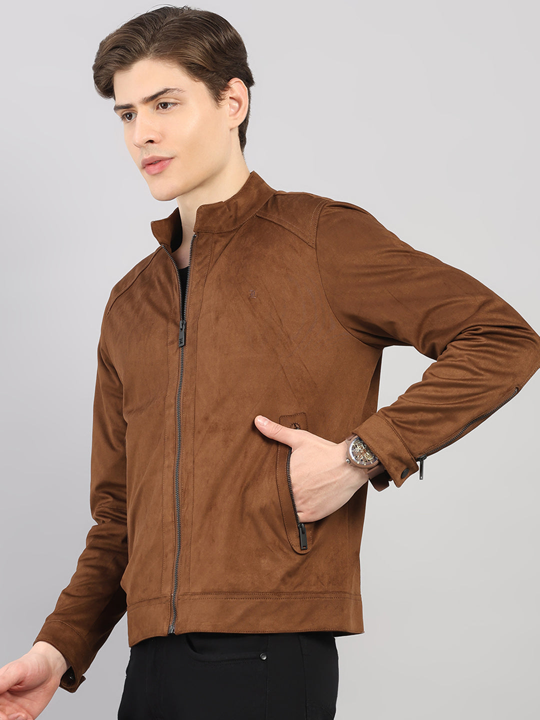 Luxuria Men Brown Solid Stand Collar Full Sleeve Jacket