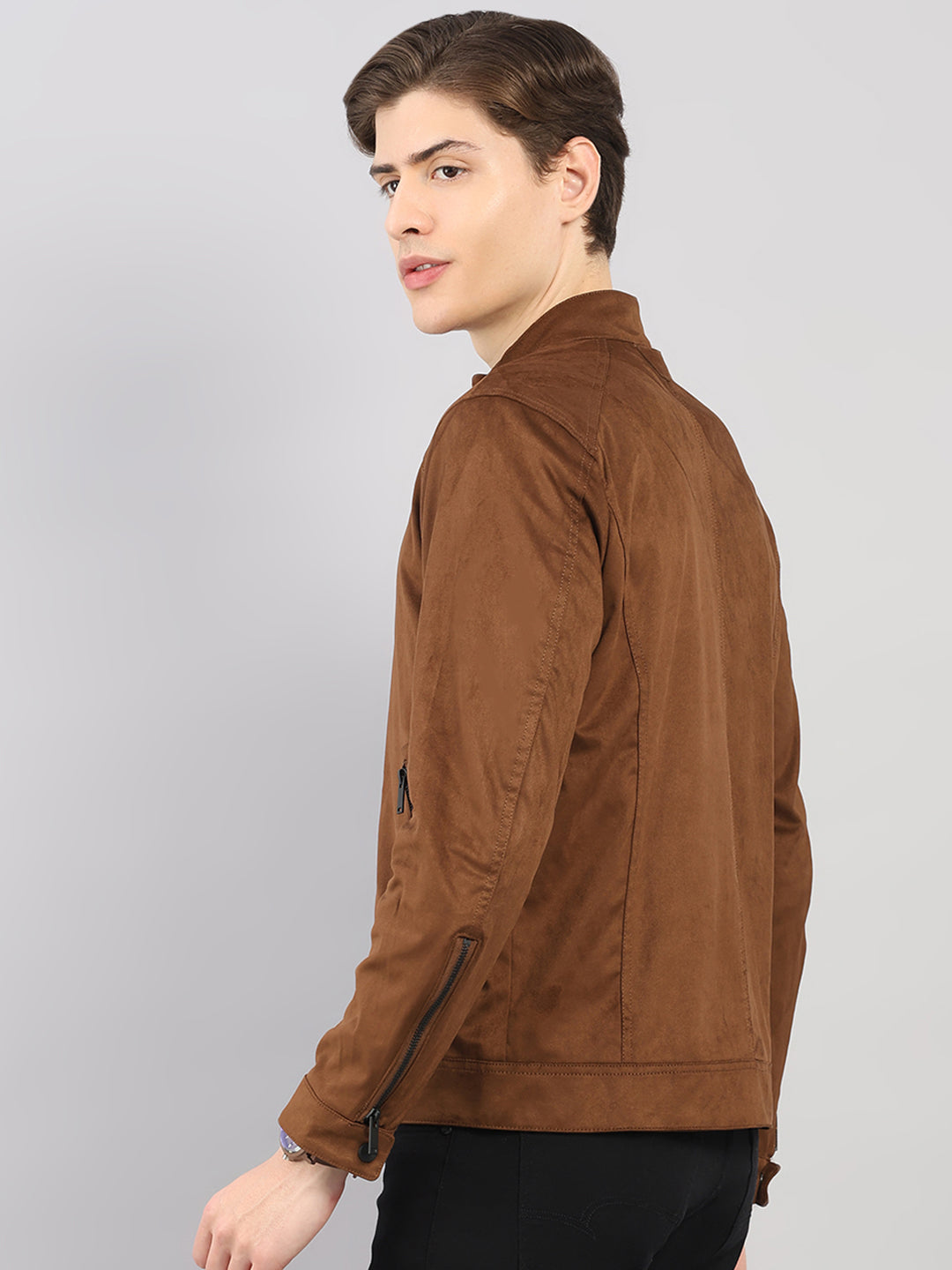 Luxuria Men Brown Solid Stand Collar Full Sleeve Jacket