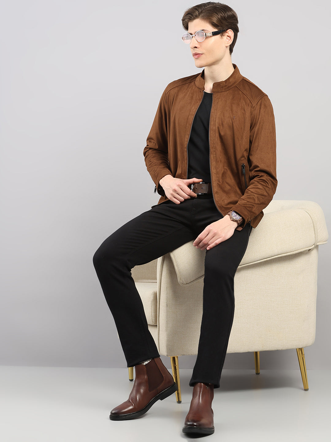 Luxuria Men Brown Solid Stand Collar Full Sleeve Jacket