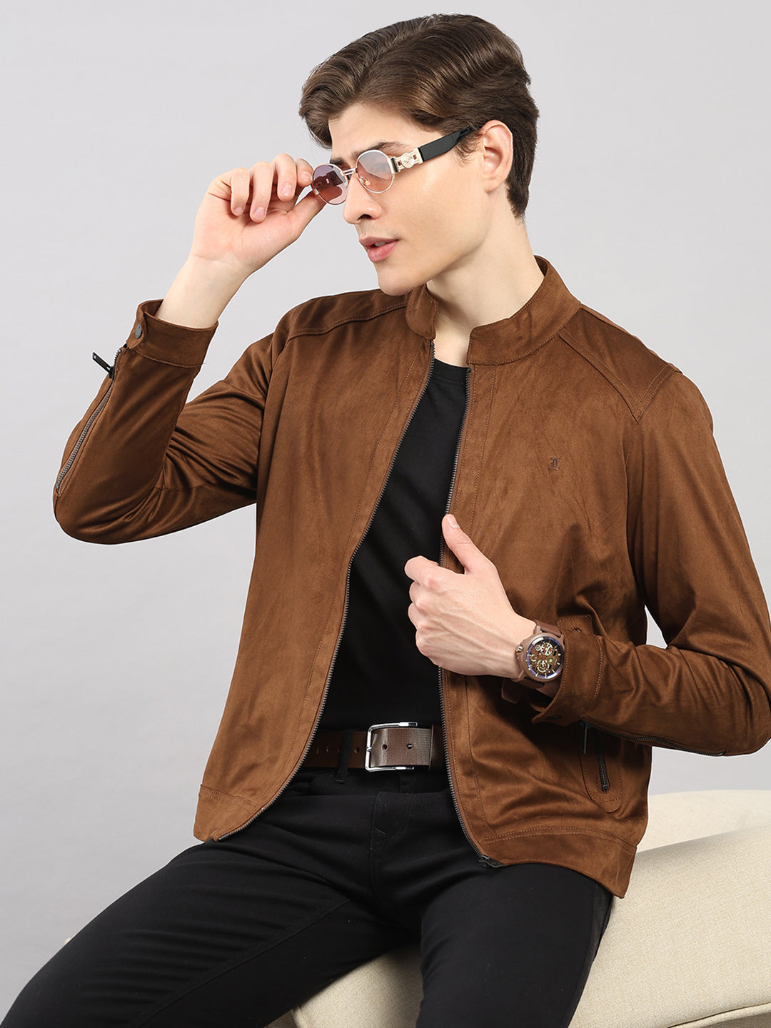 Luxuria Men Brown Solid Stand Collar Full Sleeve Jacket