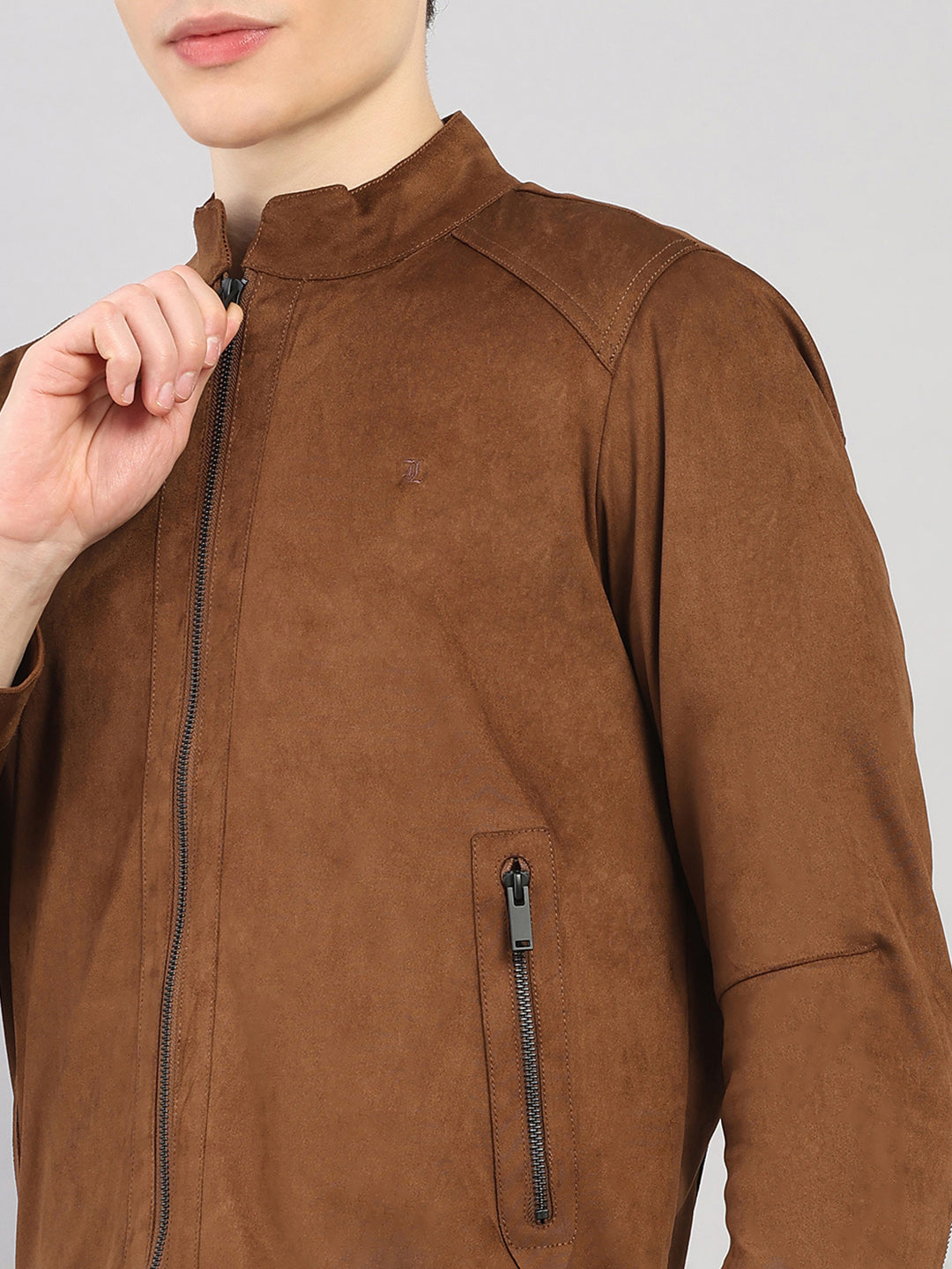 Luxuria Men Brown Solid Stand Collar Full Sleeve Jacket