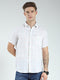 Men White Check Collar Half Sleeve Linen Shirt