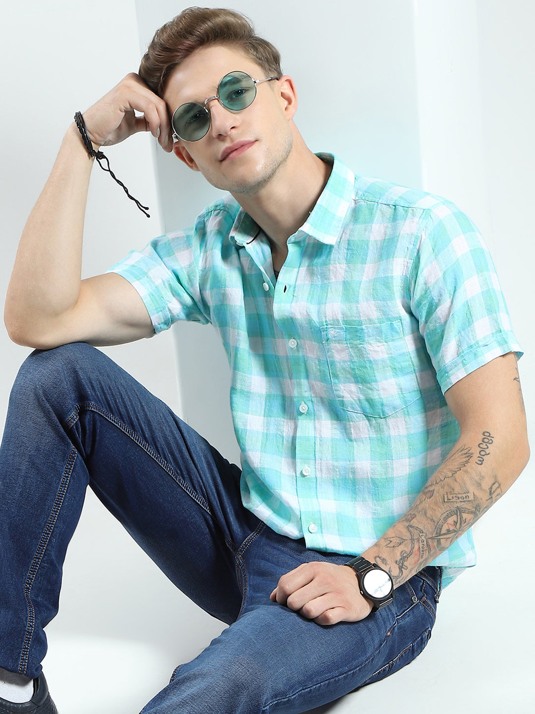 Men Green Check Collar Half Sleeve Linen Shirt
