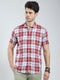 Men Red Check Collar Half Sleeve Linen Shirt