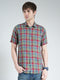 Men Olive Check Collar Half Sleeve Linen Shirt