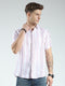 Men White Stripe Collar Half Sleeve Linen Shirt