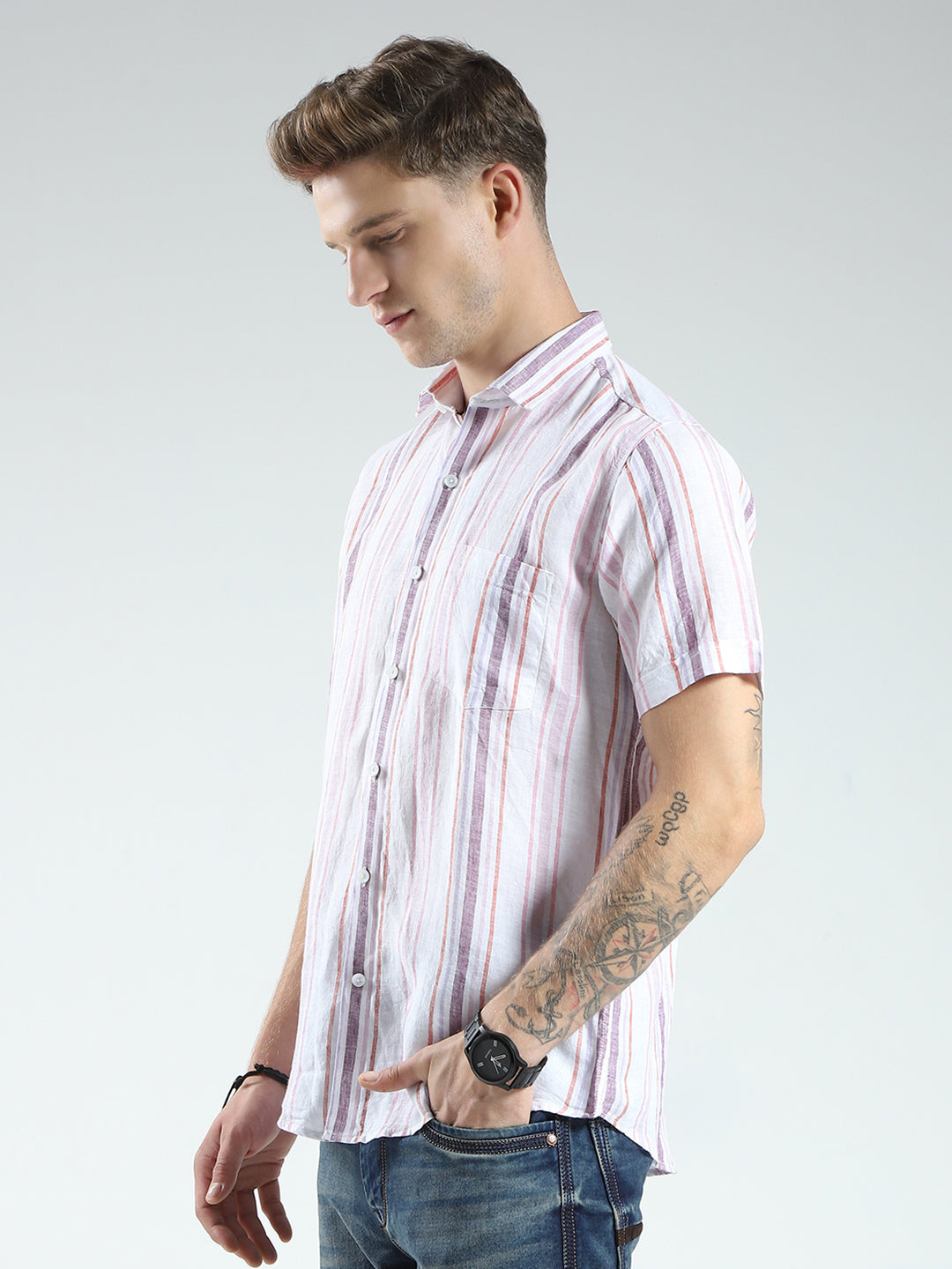 Men White Stripe Collar Half Sleeve Linen Shirt