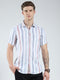 Men Blue Stripe Collar Half Sleeve Linen Shirt