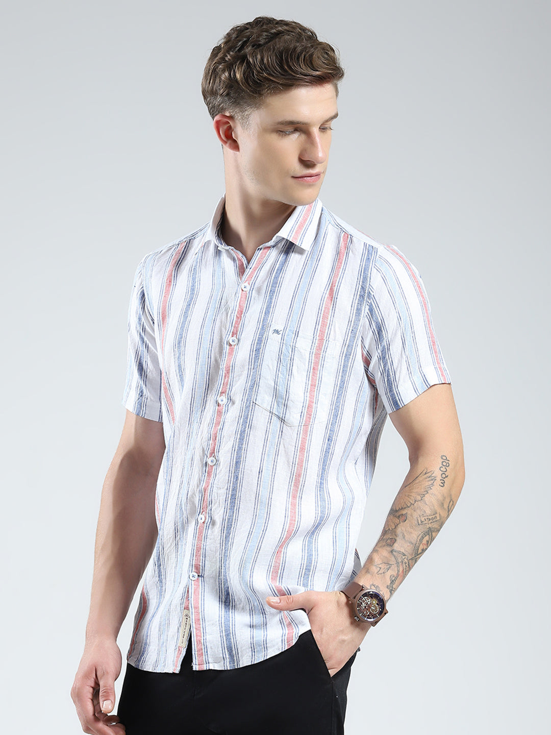 Men Blue Stripe Collar Half Sleeve Linen Shirt