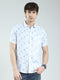 Men White Printed Collar Half Sleeve Linen Shirt