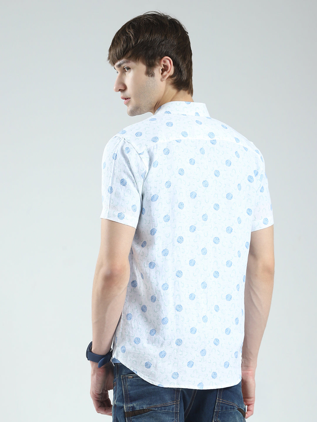Men White Printed Collar Half Sleeve Linen Shirt