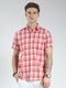 Men Orange Check Collar Half Sleeve Linen Shirt