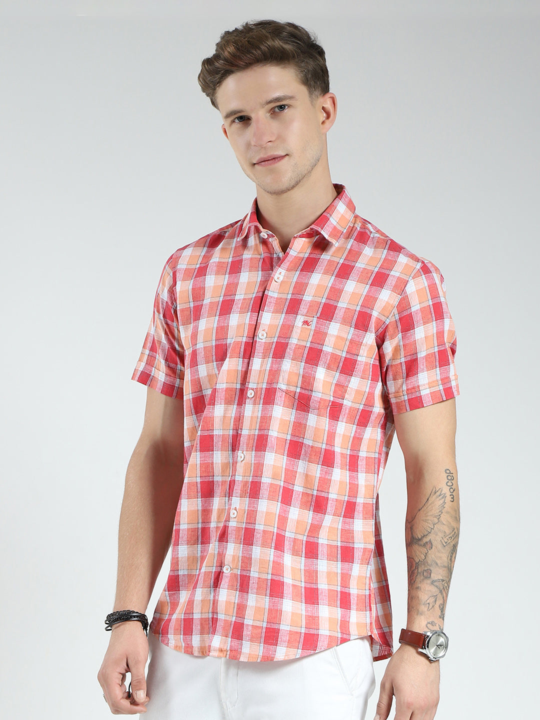 Men Orange Check Collar Half Sleeve Linen Shirt