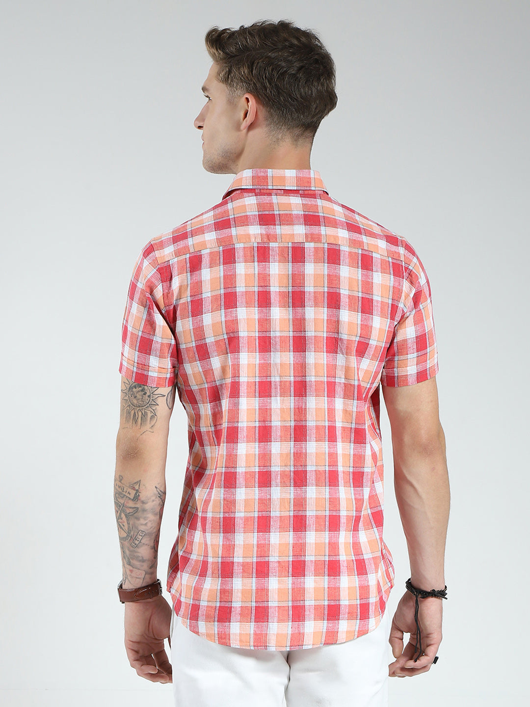 Men Orange Check Collar Half Sleeve Linen Shirt