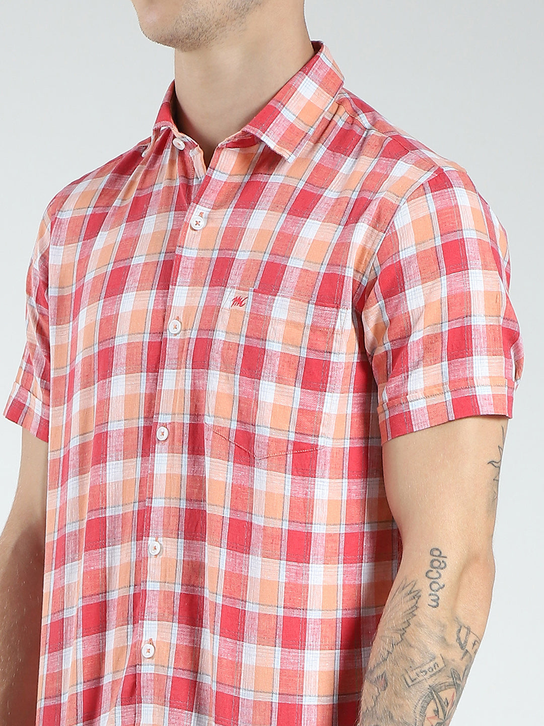 Men Orange Check Collar Half Sleeve Linen Shirt