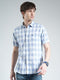 Men Blue Check Collar Half Sleeve Linen Shirt