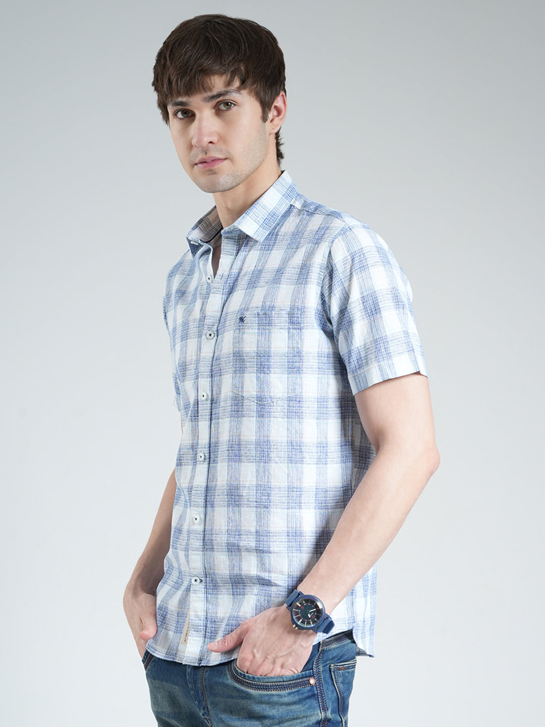 Men Blue Check Collar Half Sleeve Linen Shirt