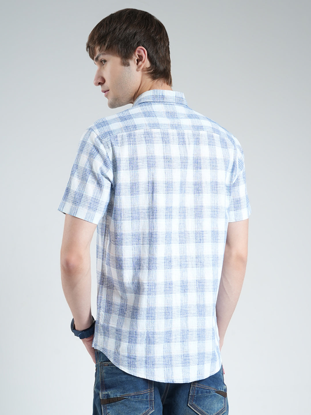 Men Blue Check Collar Half Sleeve Linen Shirt