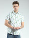 Men Green Printed Collar Half Sleeve Linen Shirt