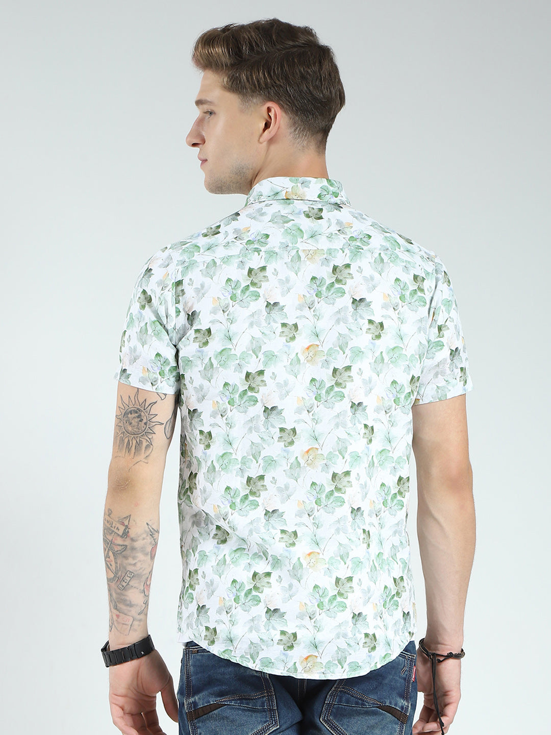 Men Green Printed Collar Half Sleeve Linen Shirt