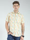 Men Yellow Printed Collar Half Sleeve Linen Shirt
