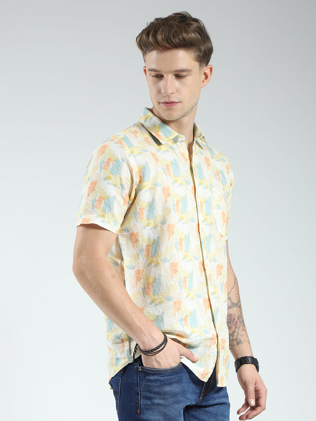 Men Yellow Printed Collar Half Sleeve Linen Shirt