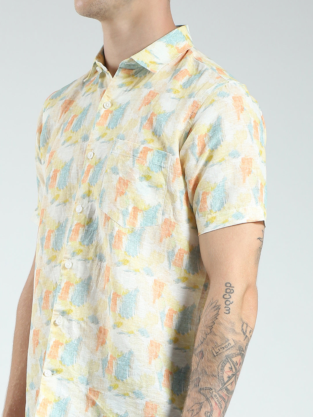 Men Yellow Printed Collar Half Sleeve Linen Shirt