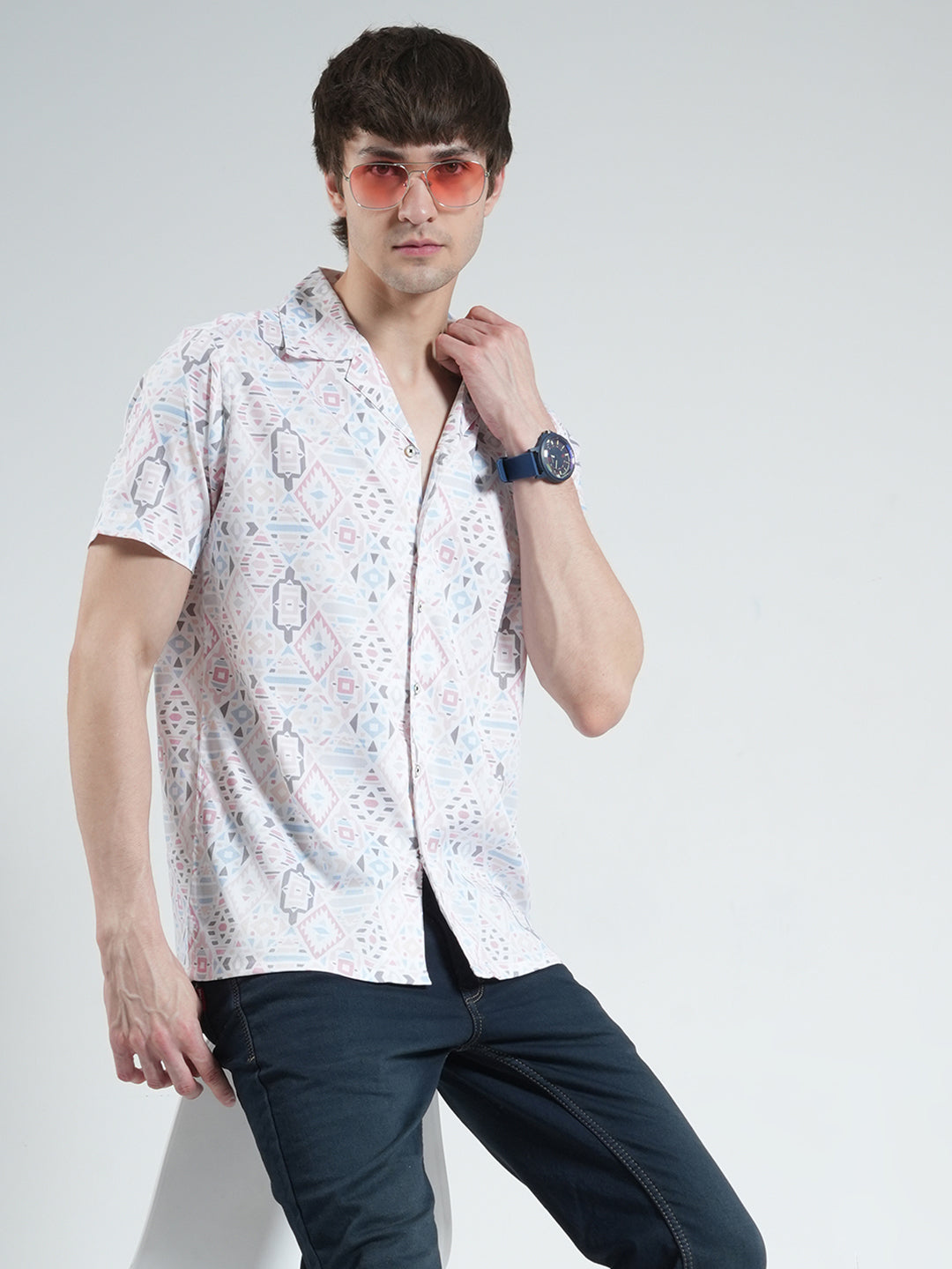 Men White Printed Collar Half Sleeve Shirt