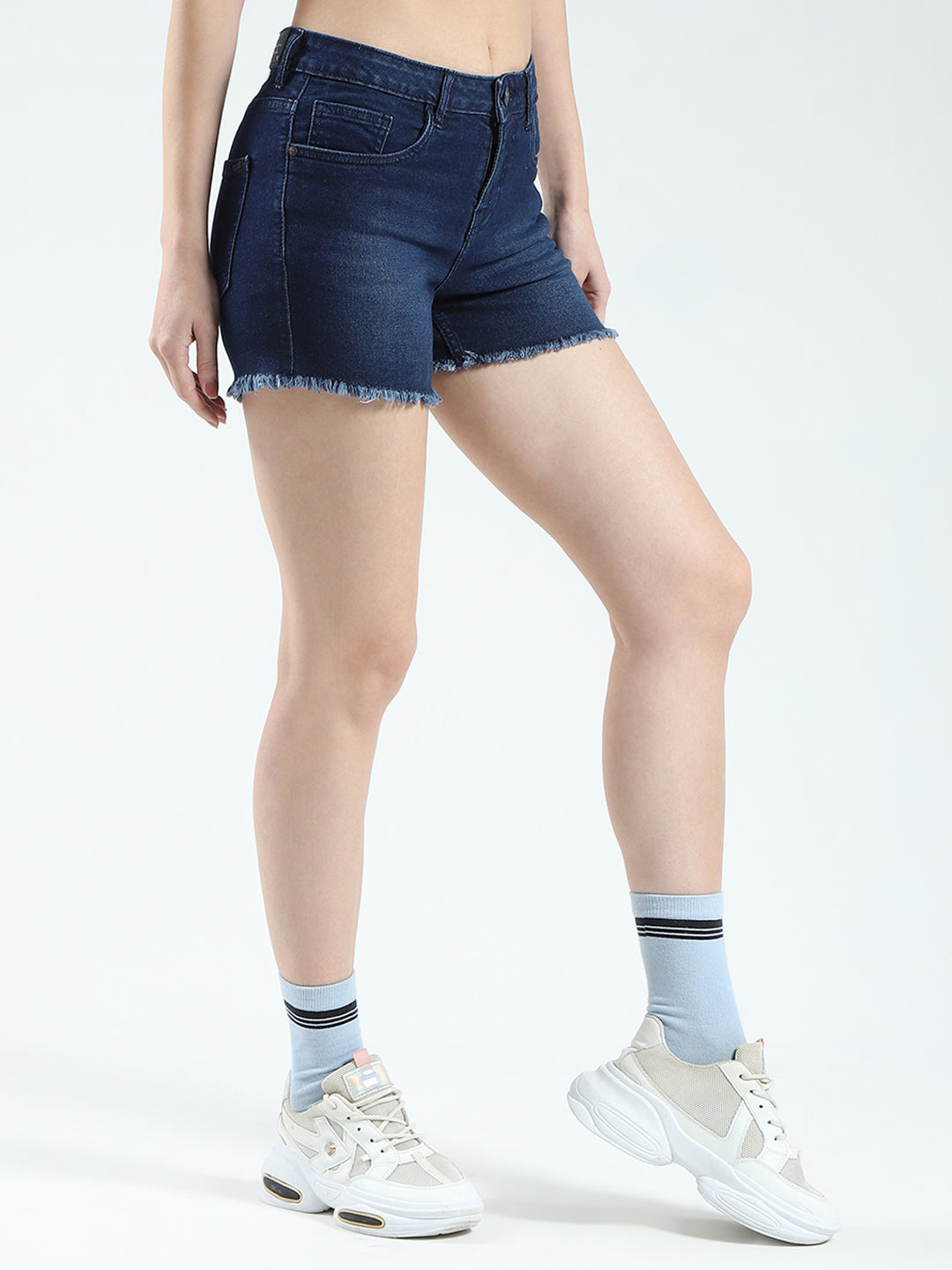 Women Blue Solid Regular Fit Shorts