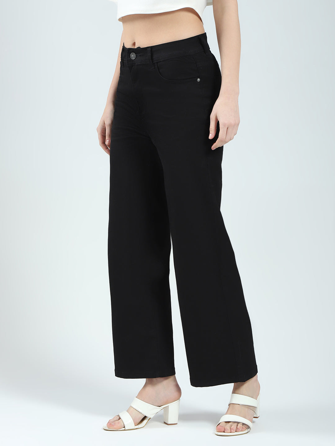 Women Black Solid Regular Fit Denim