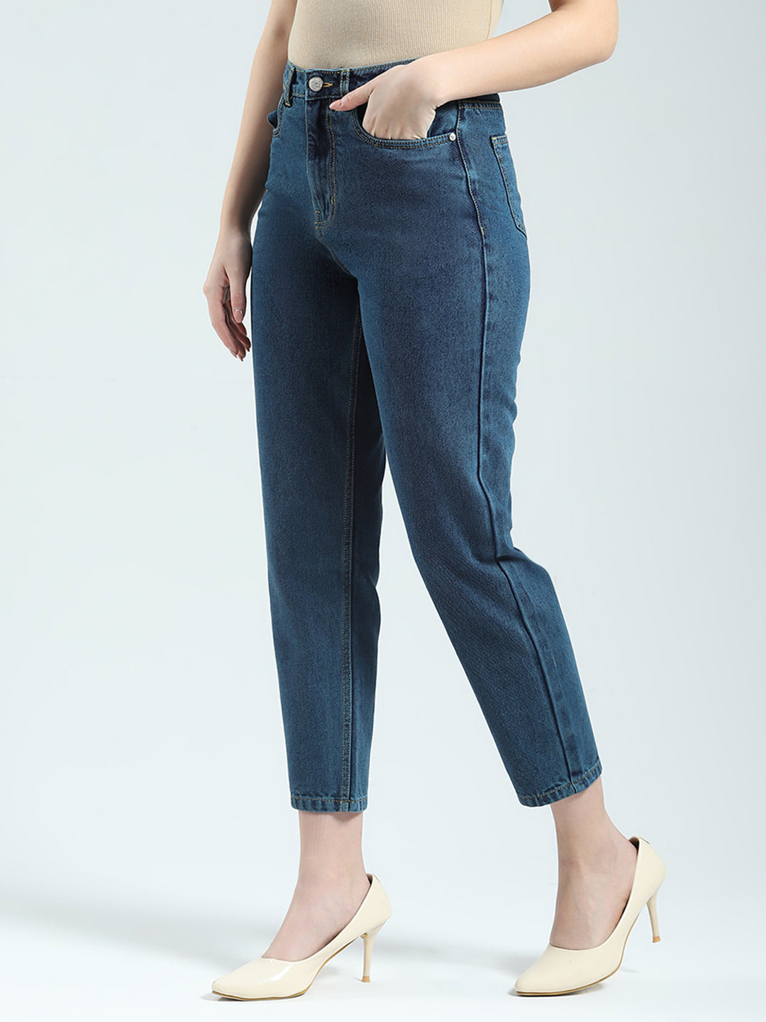 Women Blue Solid Regular Fit Denim