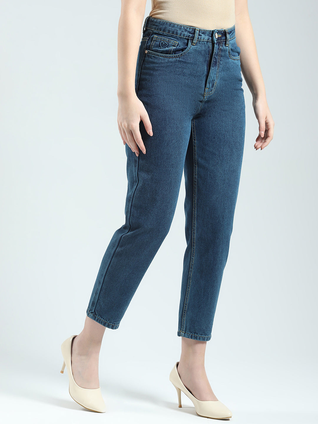Women Blue Solid Regular Fit Denim