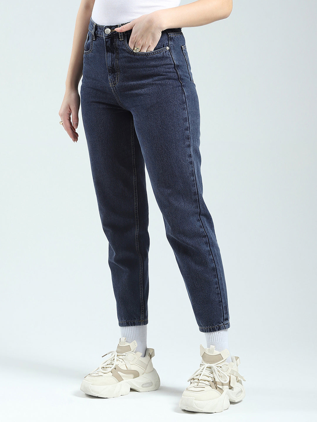 Women Blue Solid Regular Fit Denim
