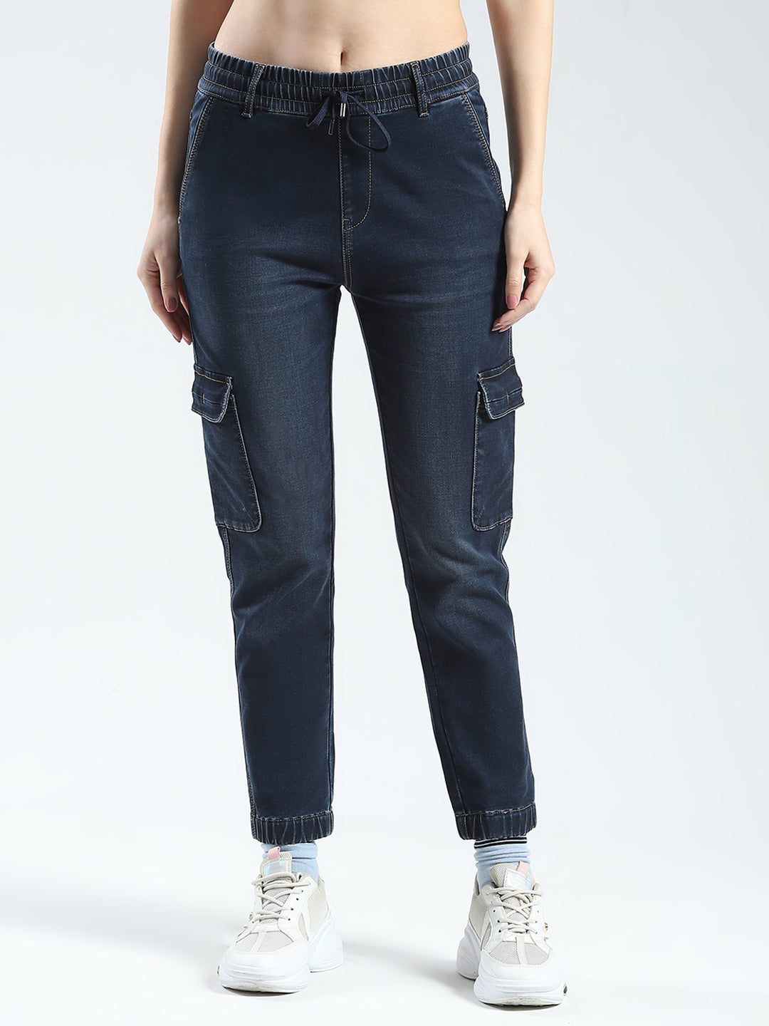 Women Blue Solid Slim Fit Cargo