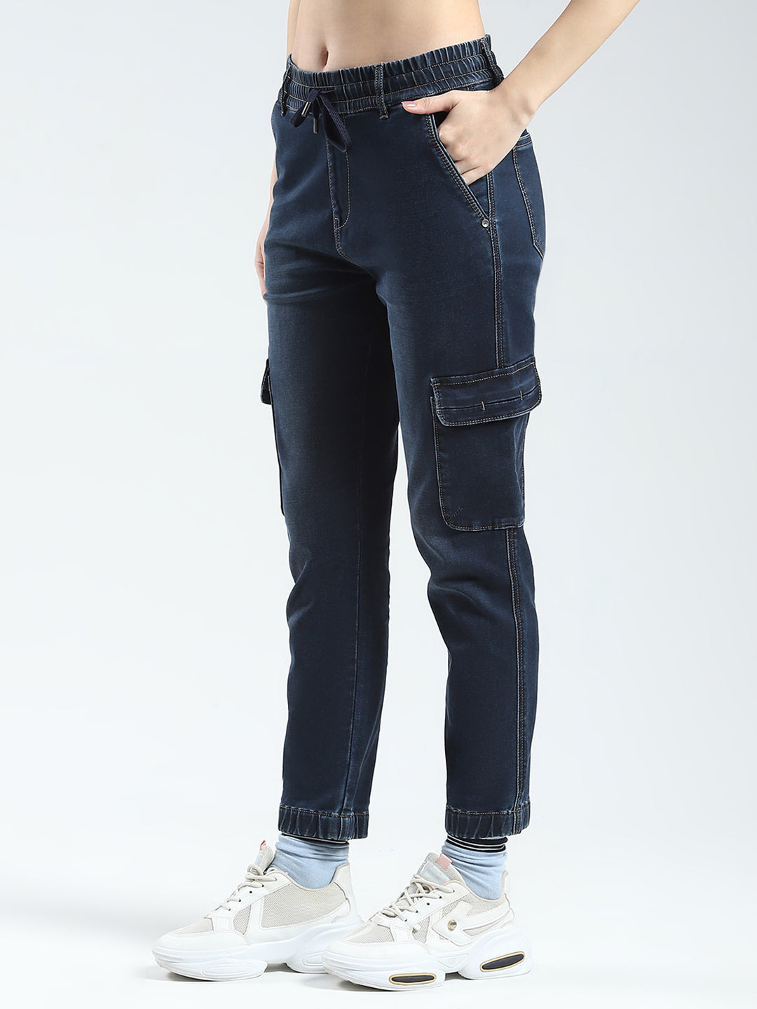 Women Blue Solid Slim Fit Cargo